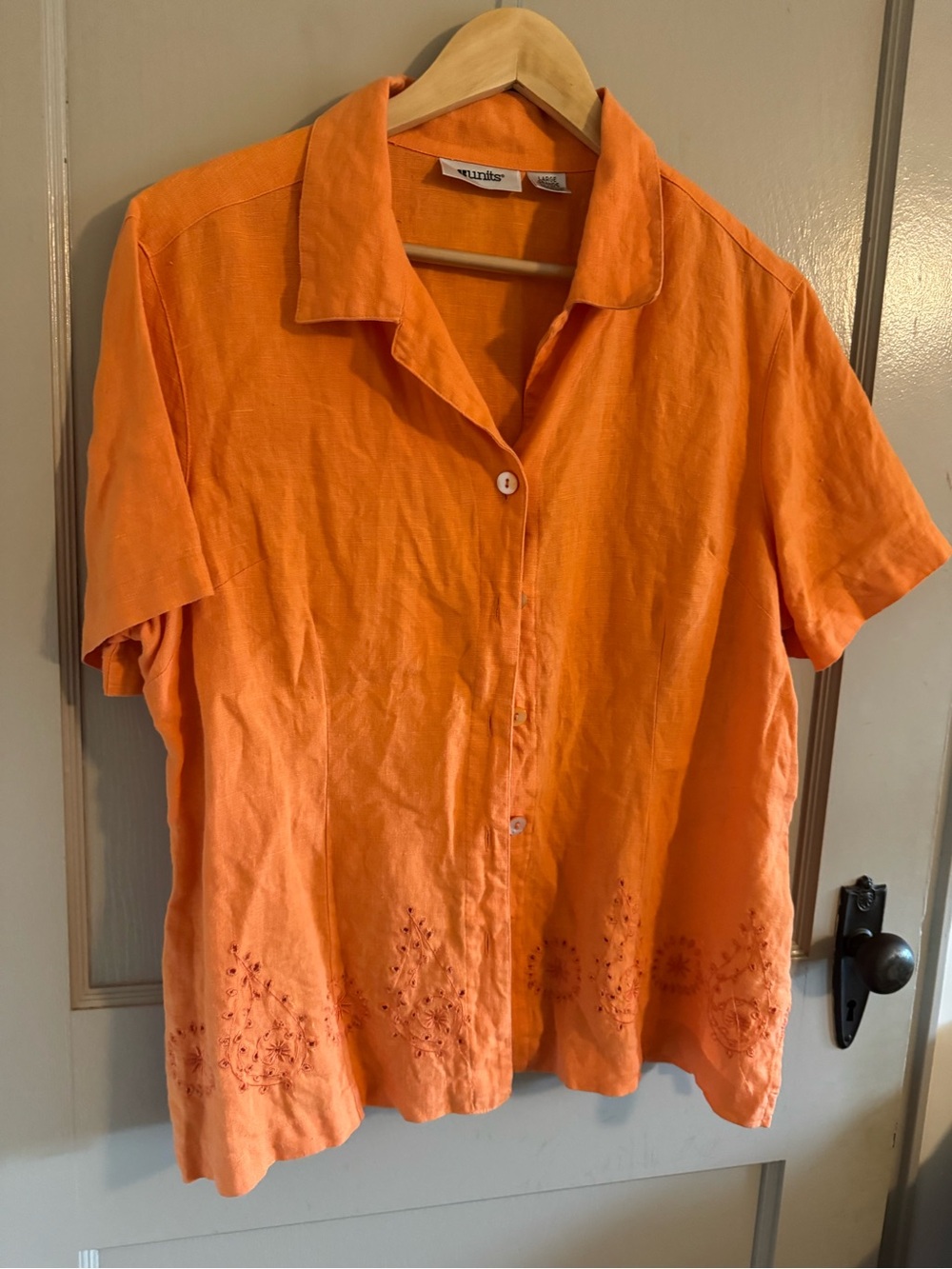Women's Orange Button-Front Embroidered Short-Sleeve Top 100% linen